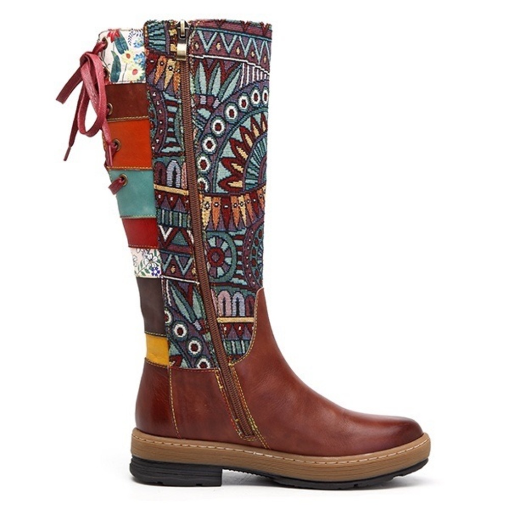 🌹Socofy Boho Tribal Brown Knee Boots Womens 7 - Picture 1 of 16